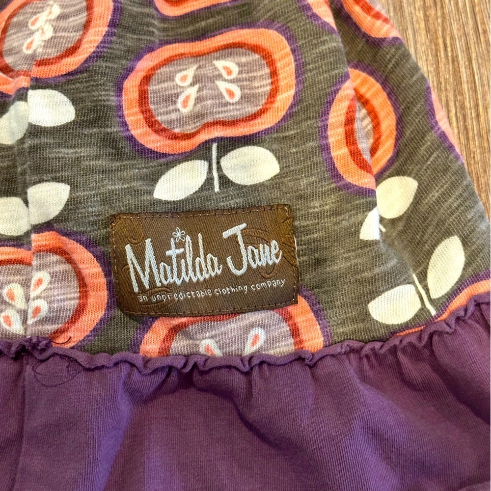 Matilda Jane Girls 10 Brown and Purple Apple Ruffle Hem Dress - Picture 4 of 5